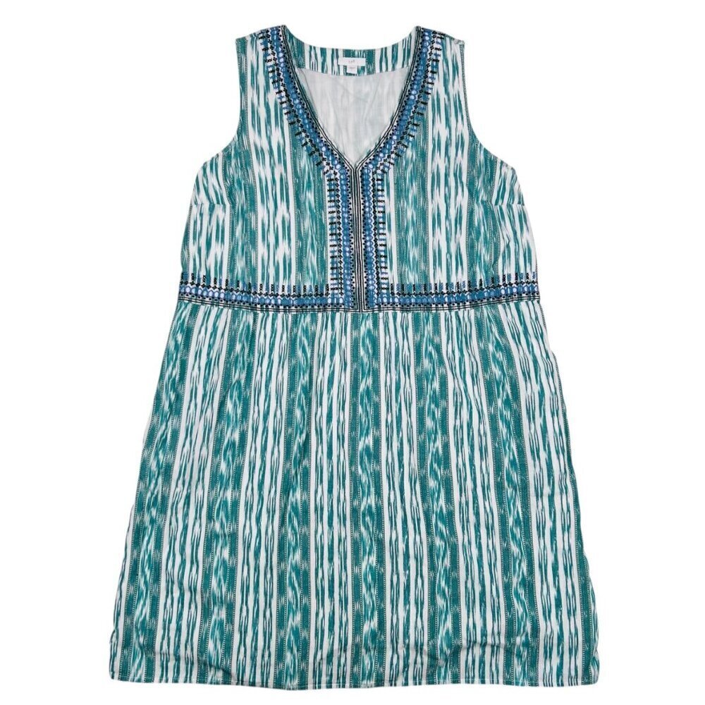 J. Jill Embroidered Ikat Large Cotton Tank Sheath Dress Pockets Coastal Brunch